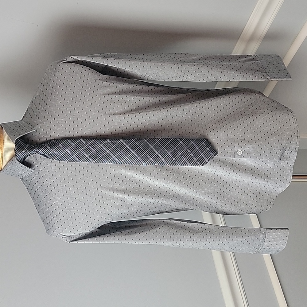 KENNETH COLE REACTION Gray Dobby Pattern Classic Fit Button Down Dress Tie Shirt